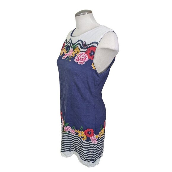 Desigual Prudencia Sheath Dress US 10 Linen Blend Sleeveless Navy Floral Waves - Picture 8 of 12